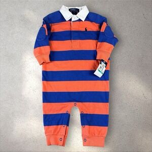 Vtg NOS Polo By Ralph‎ Lauren 12M Baby Rugby One Piece Romper Stripe Blue Orange